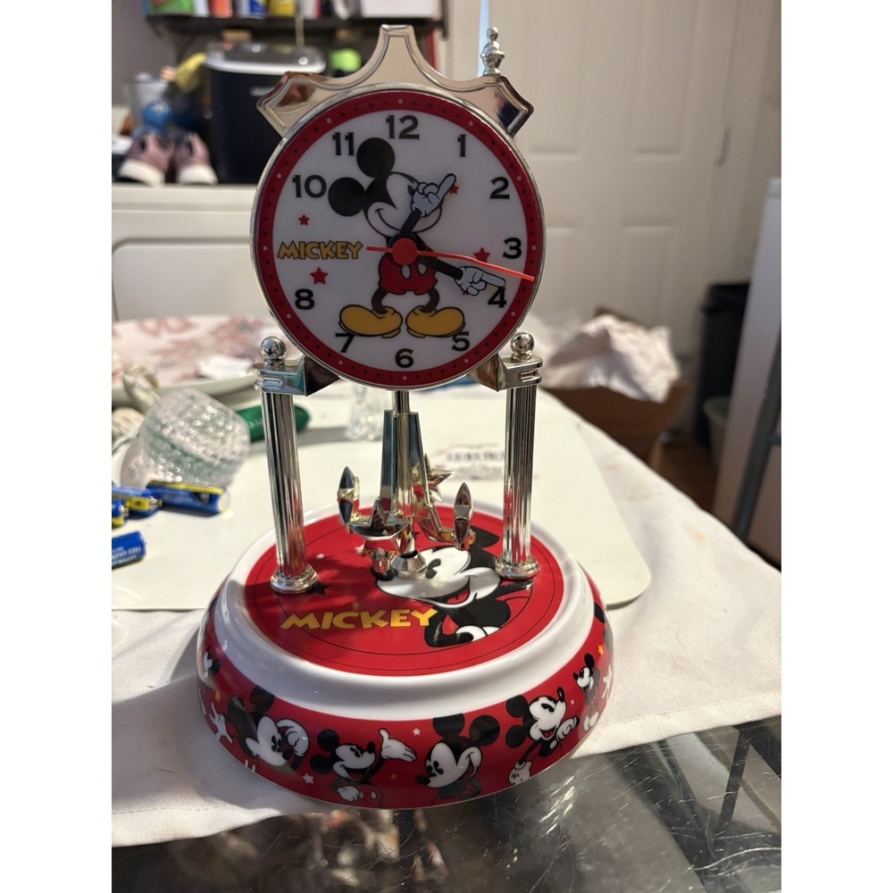Mickey Mouse Animated Anniversary Clock Rotating Pendulum RUNS Missing Dome